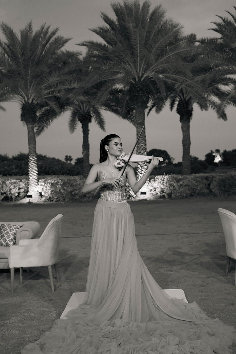 A violinist in a graceful gown plays outdoors with palm trees in the background under twilight skies.